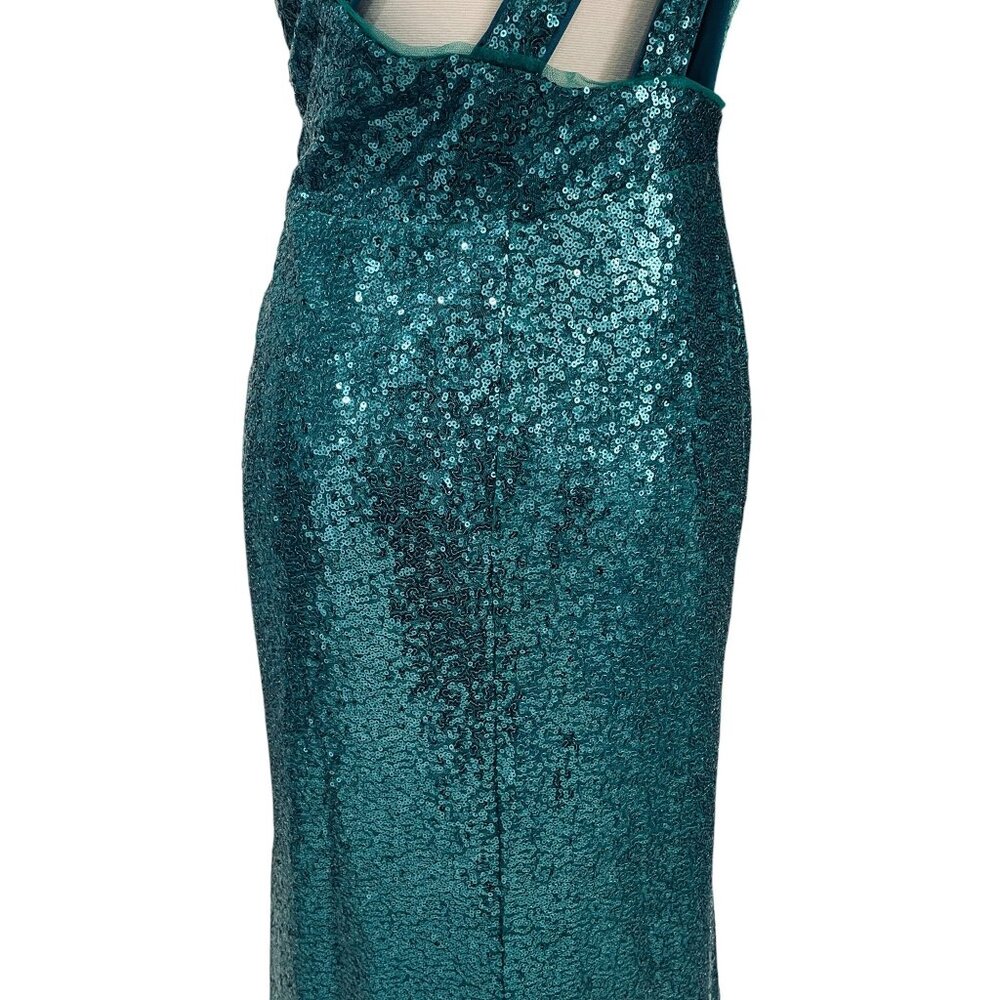 Teal Sequin One Shoulder Slit Maxi Dress Formal Gown Prom‎ Y2K Party Sexy - Picture 10 of 11